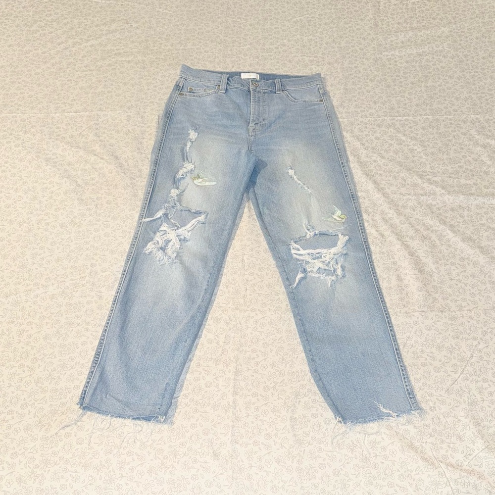 7 For All Mankind Distressed Straight Leg Jeans with bird embroidery
